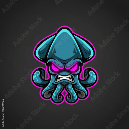 Cartoon angry octopus head with pink eyes and sharp teeth on dark background