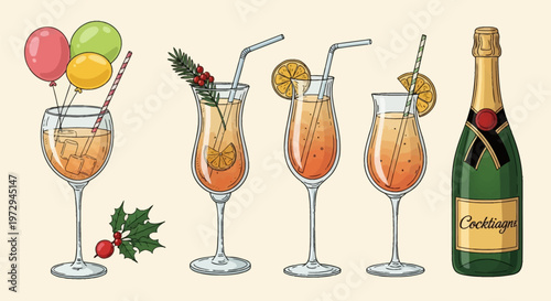 Vector illustration of hand-drawn alcoholic drinks including a champagne bottle, cocktail glasses with fruit garnishes, straws, ice cubes, festive balloons, and holly sprigs.