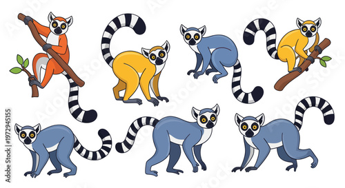 Cute Lemur Collection: Ring-tailed and Red Lemurs on Branches, Vector Illustration