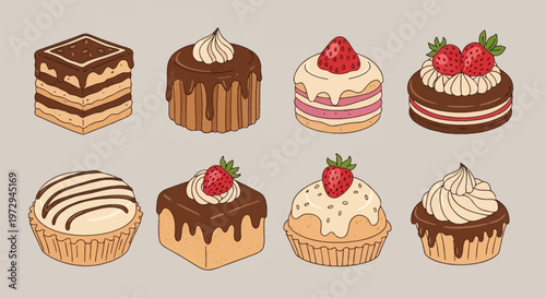 Hand-drawn illustrations of eight desserts including chocolate layered cakes, strawberry topped pastries, cupcakes with whipped cream swirls, and tarts with chocolate glaze drips.