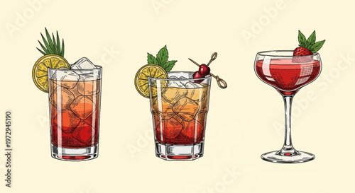 Set of three hand-drawn vintage style cocktail illustrations featuring a highball with lemon, a rocks glass with mint and cherries, and a strawberry martini in a coupe glass.