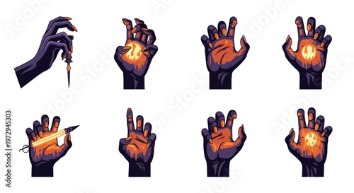 Set of eight stylized spooky hand illustrations in dark purple and orange colors featuring glowing palms magic energy orbs mystical symbols and occult objects on white background