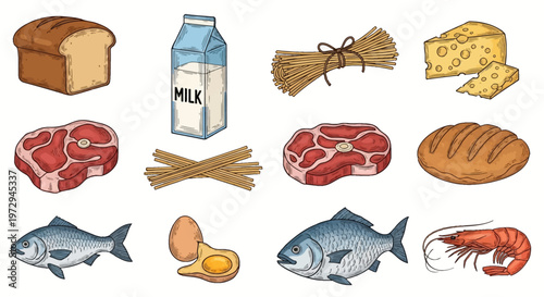 Set of hand-drawn food illustrations including bread loaf, milk carton, spaghetti, Swiss cheese, raw beef steaks, whole fish, cracked eggs, and shrimp isolated on a white background.