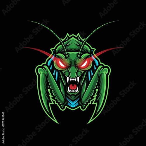 Green insect with red eyes and sharp teeth on black background