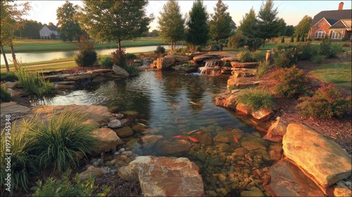Residential landscape features an ornamental pond with a small waterfall and colorful aquatic life