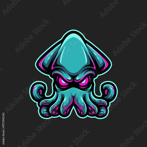 Vibrant cartoon octopus with pink eyes and tentacles on dark background