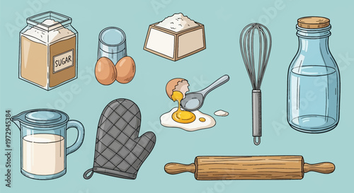Set of hand-drawn baking icons featuring a sugar jar, brown eggs, flour in a crate, wire whisk, glass water bottle, milk in a pitcher, quilted oven mitt, and wooden rolling pin.