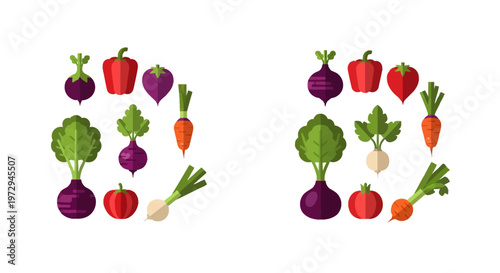 Two groups of flat vector vegetable icons isolated on white background featuring red bell pepper, orange carrot, purple beetroot, red tomato, white turnip, and leafy root vegetables.