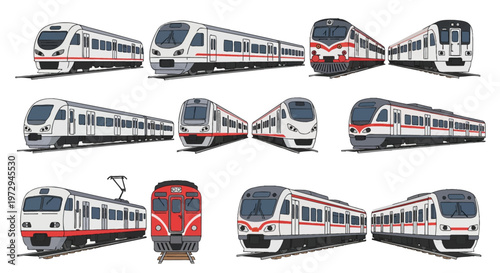 Collection of modern passenger train vector illustrations, including commuter trains, subways, and high-speed rail cars in white and red color schemes on isolated tracks.