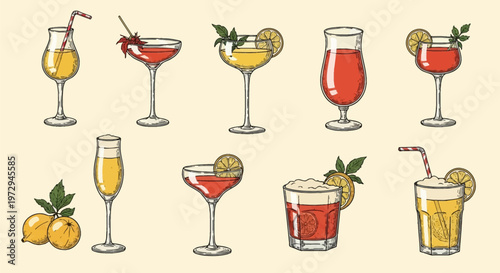Vintage hand-drawn illustration set of various cocktails and alcoholic beverages in different glassware, including champagne flutes, martini glasses, and garnished highball drinks.