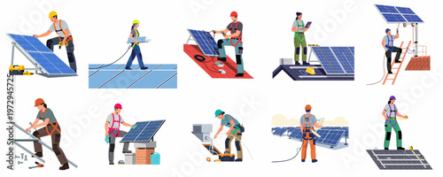 Set of flat illustrations showing professional technicians installing, maintaining, and cleaning solar panels on rooftops and solar farms for sustainable green energy.