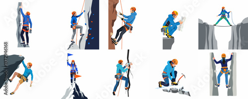 Set of flat illustrations showing various rock climbing, bouldering, and mountaineering activities with people using professional equipment and gear.