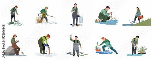 Set of diverse researchers in waders conducting ecological fieldwork, water sampling, and biological monitoring in rivers, lakes, and streams.