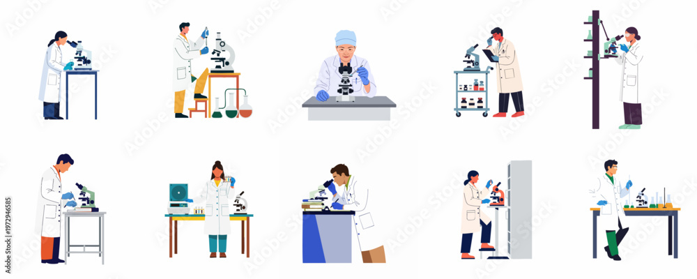 Fototapeta premium Collection of diverse scientists and researchers working with microscopes and laboratory equipment, isolated flat vector illustrations for scientific and medical projects.