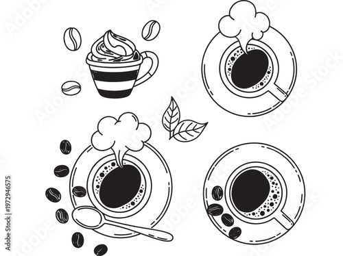 Set of hot espresso and cappuccino coffee cups with brown beans and steam icons in a seamless vector illustration pattern design for a cafe beverage menu