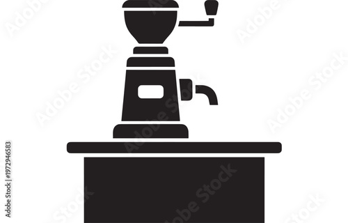 A black silhouette of a vintage wooden coffee grinder sits atop a winner podium isolated on a white background, blending antique kitchen metal with a retro caffeine aesthetic.
