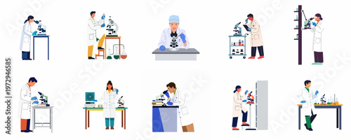 Collection of diverse scientists and researchers working with microscopes and laboratory equipment, isolated flat vector illustrations for scientific and medical projects.