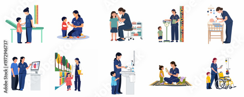 Illustrations of a female pediatrician or nurse interacting with children in various medical settings like examinations, consultations, and play therapy.