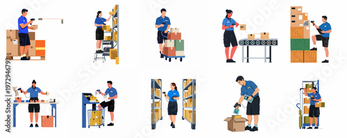 Set of warehouse workers scanning barcodes, managing inventory, and processing orders in a logistics center for shipping and delivery.