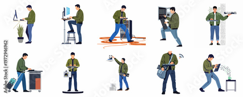 Set of flat vector illustrations depicting a male IT professional performing various tasks like server maintenance, hardware repair, and software development.