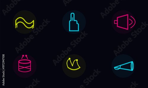Hand-drawn neon sports fan icons featuring foam finger drum megaphone speaker hat scarf set on dark authentic illustration