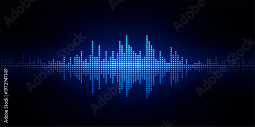 Abstract blue sound wave equalizer background with digital graph lines and financial data city concept