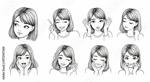 Black and white line art collection of a young woman with a bob haircut featuring eight distinct facial expressions including winking, surprised, smiling, and applying makeup or skincare.