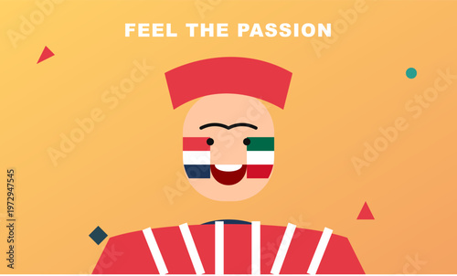 Hand-drawn passionate football soccer fan with face paint cheering and celebrating sport victory global championship tournament authentic illustration