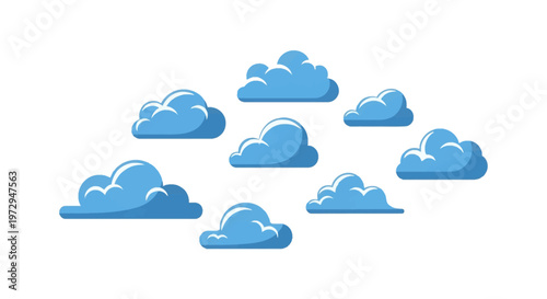Set of eight stylized blue cloud illustrations with white highlights and dark blue shadows on a plain white background. Flat vector design elements for sky or weather concepts.