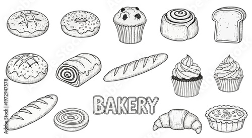 Collection of hand-drawn black and white bakery icons featuring bread loaves, croissants, donuts, muffins, cupcakes, baguettes, cinnamon rolls, and tarts on a white background.