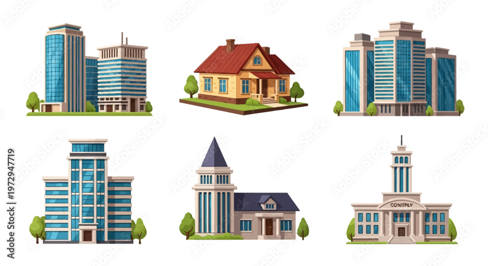 Obraz premium Set of six diverse building icons including modern glass office skyscrapers, a suburban residential house with red roof, corporate high-rises, and a neoclassical government building.