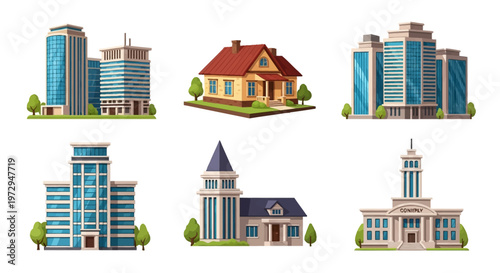 Set of six diverse building icons including modern glass office skyscrapers, a suburban residential house with red roof, corporate high-rises, and a neoclassical government building.