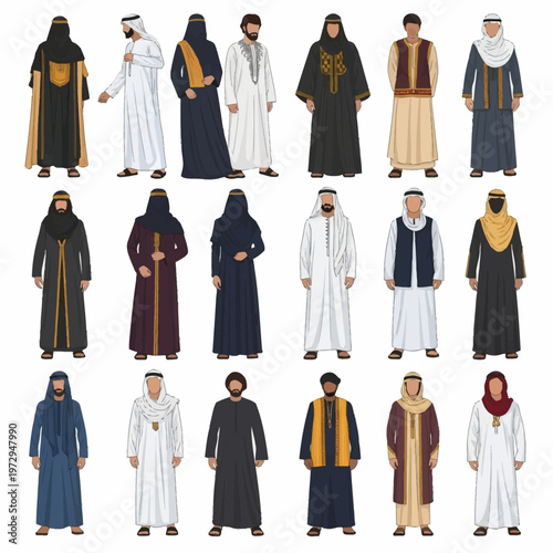 Illustration of a diverse collection of men and women wearing traditional Middle Eastern clothing including thobes, abayas, hijabs, and ghutras, isolated on a white background.