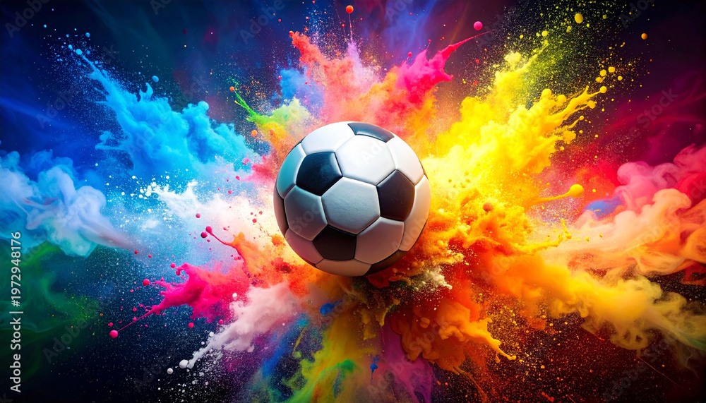 Fototapeta premium サッカーボールと鮮烈な煙エフェクトの爆発・グラデーション背景