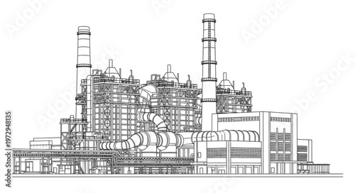 Detailed Sketch of a Large Industrial Plant Complex with Towers.