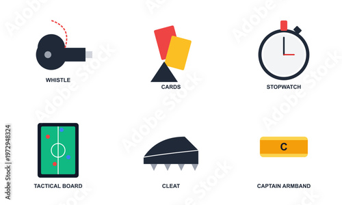 Hand-drawn collection featuring soccer referee gear including whistle, cards, stopwatch, tactical board, cleat and captain armband authentic illustration