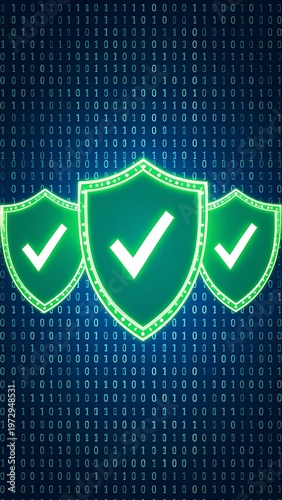 Digital composition showcasing a binary code backdrop with three illuminated green shields featuring checkmarks. Vertical presentation