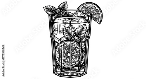 Detailed Sketch of a Refreshing Mojito Cocktail with Lime and Mint.