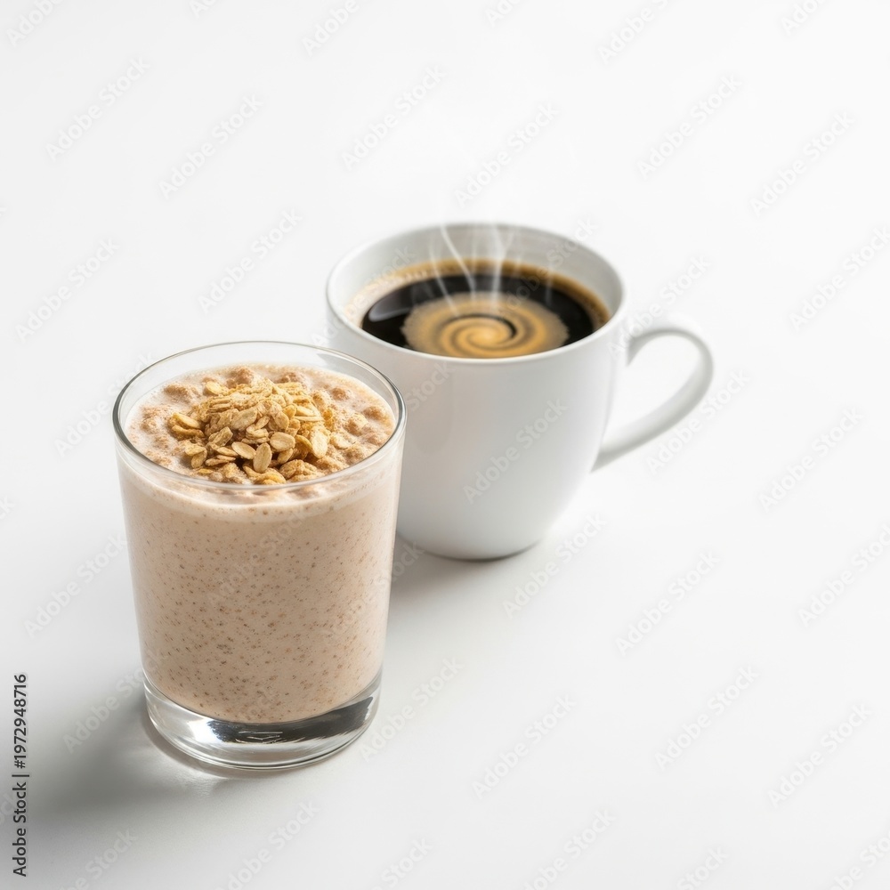 Fototapeta premium Healthy breakfast smoothie with granola and a cup of black coffee.