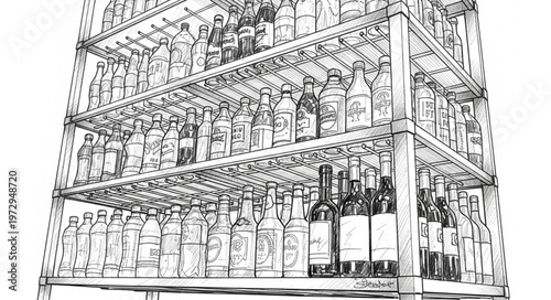 Detailed Sketch of a Wine Rack Filled with Bottles.