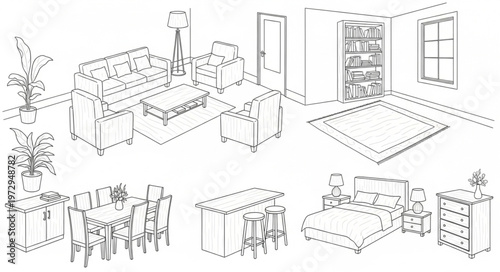 Detailed Sketch of Interior Design Layout with Furniture and Decor.