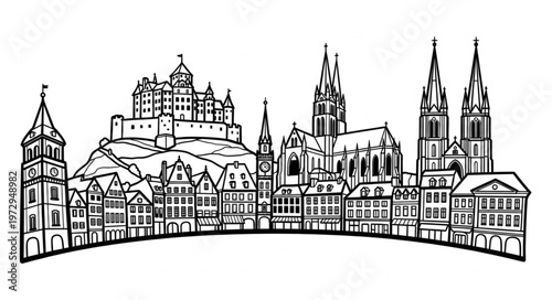 Detailed Skyline Illustration of a European City with Prominent Landmarks.