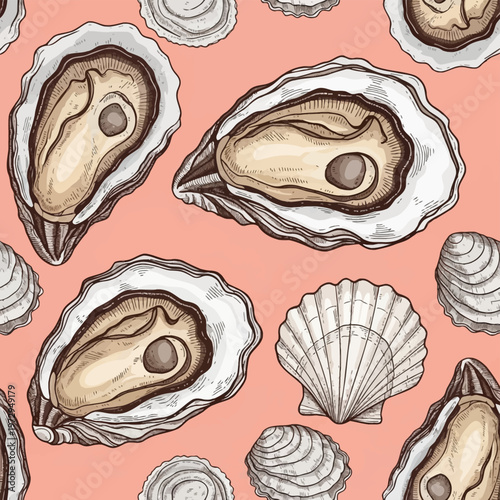 Seamless pattern of hand-drawn oysters and various seashells on a pastel pink background. Highly detailed vintage engraving style illustrations of open oyster shells and mollusks.