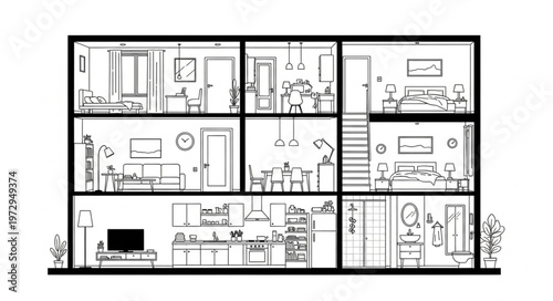 Detailed Three-Story House Cross-Section Depicting Interior Layout.