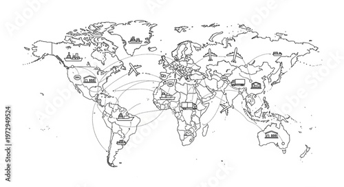 Detailed World Map Illustration with Landmarks and Geographical Features.