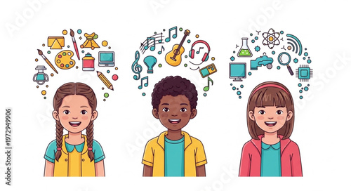 Diverse Childrens Creative Thinking and Imagination Illustration.