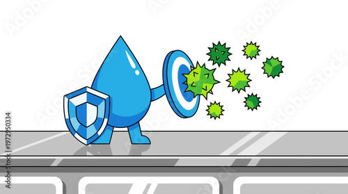 Water Drop Cartoon Character Defending Against Bacteria with Shield