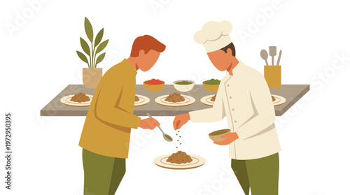 Chef and Assistant Plating Gourmet Dishes in Kitchen Illustration