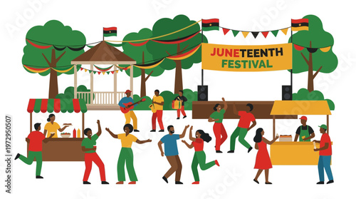Juneteenth festival celebration with music food and dancing in a park