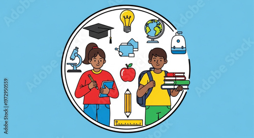 Diverse students surrounded by educational symbols representing learning and knowledge.